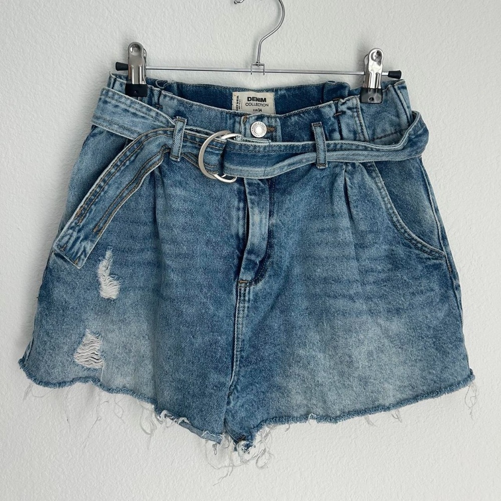High Waisted Denim Belted Blue Shorts